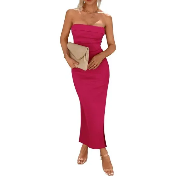 Dresses | Womens Summer Bodycon Maxi Tube Dress Ribbed Strapless Side Slit  | Poshmark